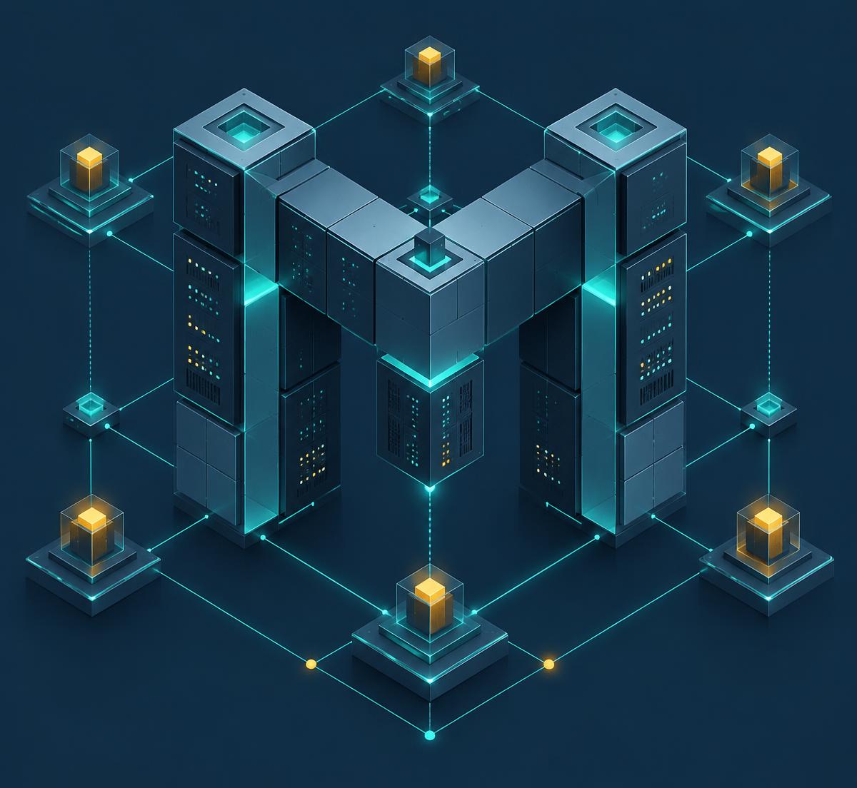 Abstract illustration of connected digital infrastructure forming the letter M